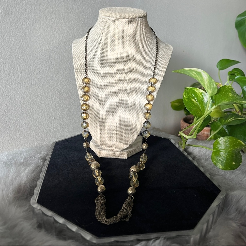 Beautiful Antiqued Gray Green Tone Beaded Long Chain Necklace